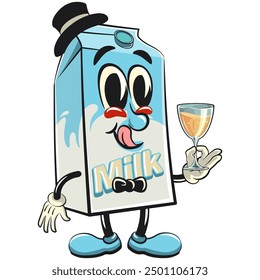 character of a cute milk box cartoon vector isolated clip art mascot illustration wearing a hat and bow tie raising a wine glass, work of hand drawn