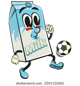 character of a cute milk box cartoon vector isolated clip art mascot illustration playing football soccer, work of hand drawn