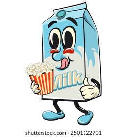 character of a cute milk box cartoon vector isolated clip art mascot illustration brought a bucket of popcorn, work of hand drawn