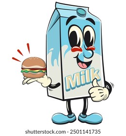 Carácter de una linda caja de leche Vector de dibujos animados Clip aislado ilustración de la mascota del arte que lleva una hamburguesa mientras que da un pulgar para arriba, trabajo de dibujado a mano