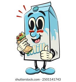 Carácter de una linda caja de leche Vector de dibujos animados Clip aislado ilustración de la mascota del arte que lleva un burritos mientras que da un pulgar para arriba, trabajo de dibujado a mano