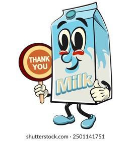 character of a cute milk box cartoon vector isolated clip art mascot illustration carrying a sign saying thank you, work of hand drawn