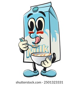 character of a cute milk box cartoon vector isolated clip art mascot illustration with a bowl of milk with cereal, work of hand drawn