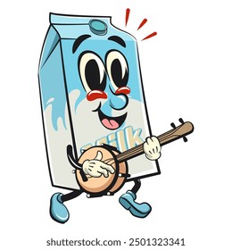 character of a cute milk box cartoon vector isolated clip art mascot illustration playing the banjo musical instrument, work of hand drawn