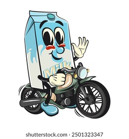 character of a cute milk box cartoon vector isolated clip art mascot illustration riding a big motorcycle, work of hand drawn