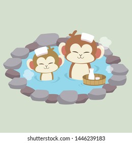 The character of cute monkey look happy and relax take a japanese hot spring bath or onsen. Illustration 
for graphic,content , banner, sticker.