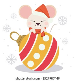 The character of cute mouse with a christmas ball snowflake in flat vector style. Illustration about christmas and winter theme.