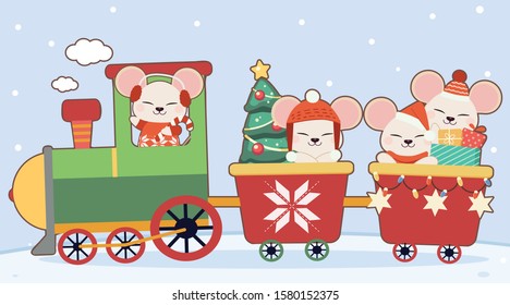 The character of cute mouse drive and sitting in the train with christmas tree and gift box in flat vector. Illustration about christmas and holiday theme.