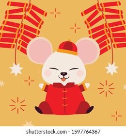 The character of cute mouse with fire creckers and fireworks in flat vector style. illustation about chinese new year.