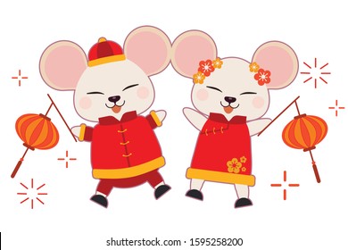 The character of cute mouse holding a lantern and wear chinese suit and dacing in flat vector style.The Year of the rat. Illustration about chinese new year.