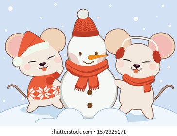 The character of cute mouse making a snowman on the blue background. 