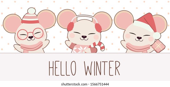 The character of cute mouse say hello winter for winter theme in flat vector. Illustration about pet ,winter and christmas theme.
