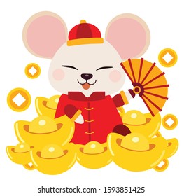 The character of cute mouse sitting in the pile of chinese gold and holding a  fan in flat vector style. Illustration about chinese new year for content , banner, sticker label and greeting card.