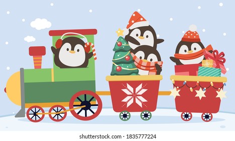 The character of cute penguin in the christmas train in flat vector style. illustation for banner, poster ,greeting card, sticker.