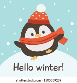 The character of cute penguin dancing on the blue background and white snow in flat vector style.