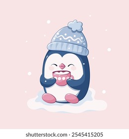 Character of a cute penguin holding a pink cup of coffee. Winter illustration