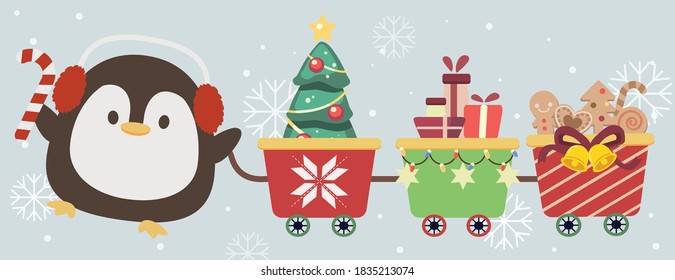 The character of cute penguin playing with the train toy in flat vector style. Illustration about christmas theme for graphic,content , banner, sticker label and greeting card.