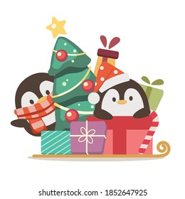 El personaje del pingüino lindo usa disfraz de navidad y juega con caja de regalo al estilo vectorial plano. Ilustración sobre vacaciones para gráficos, contenido, tarjeta de saludo.