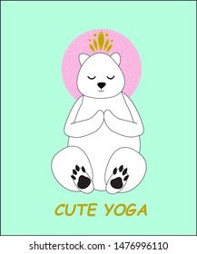 Character cute polar bear practice of yoga. Meditation in lotus position. Isolated on light green
background. Vector illustration.