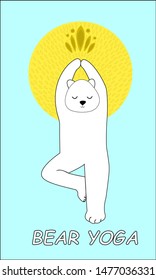 Character cute polar bear practice of yoga. Vrikshasana yoga pose. Isolated on white background. Vector illustration.