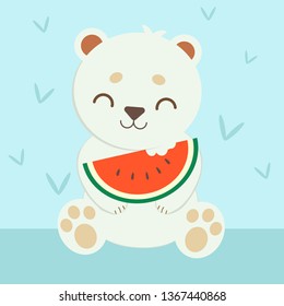 The character of cute polar bear with the watermelon in flat vector style. Illustration for graphic,content , banner, sticker.