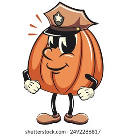 character of a cute pumpkin cartoon vector isolated clip art mascot illustration as a policeman, work of hand drawn