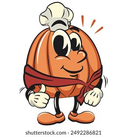 character of a cute pumpkin cartoon vector isolated clip art mascot illustration as chef give thumbs up, work of hand drawn