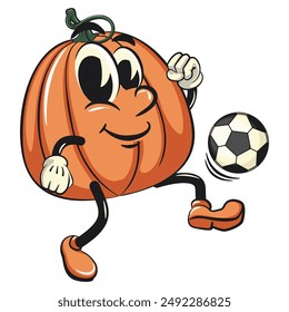 character of a cute pumpkin cartoon vector isolated clip art mascot illustration playing football soccer, work of hand drawn