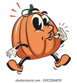 character of a cute pumpkin cartoon vector isolated clip art mascot illustration is blowing the whistle, work of hand drawn