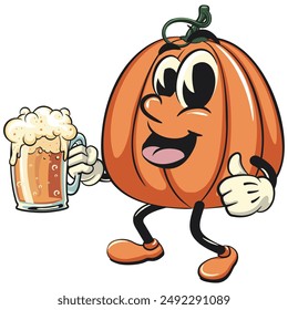 character of a cute pumpkin cartoon vector isolated clip art mascot illustration raising a large beer glass while giving a thumbs up, work of hand drawn