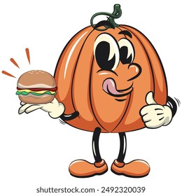 personaje de una linda calabaza dibujo animado Vector aislado Clip arte mascota ilustración cargando una hamburguesa mientras da un pulgar hacia arriba, trabajo de mano dibujado