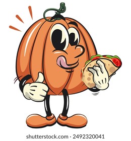 personaje de una linda calabaza dibujo animado Vector aislado Clip arte mascota ilustración llevando un taco mientras da un pulgar hacia arriba, trabajo de mano dibujado