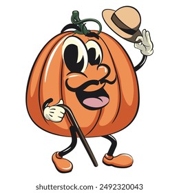 character of a cute pumpkin cartoon vector isolated clip art mascot illustration carrying a stick and saluting with raised hat, work of hand drawn