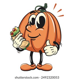 personaje de una linda calabaza dibujo animado Vector aislado Clip arte mascota ilustración llevando un burritos mientras da un pulgar hacia arriba, trabajo de mano dibujado