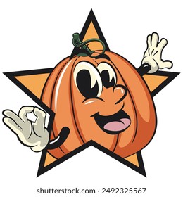 character of a cute pumpkin cartoon vector isolated clip art mascot illustration out from of a star by giving an OK sign, work of hand drawn