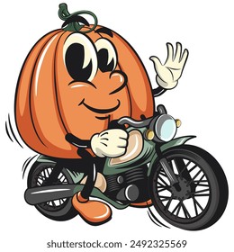 character of a cute pumpkin cartoon vector isolated clip art mascot illustration riding a big motorcycle, work of hand drawn