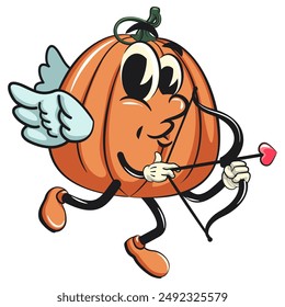 character of a cute pumpkin cartoon vector isolated clip art mascot illustration become a cupid with angel wings and carry the arrow of love, work of hand drawn