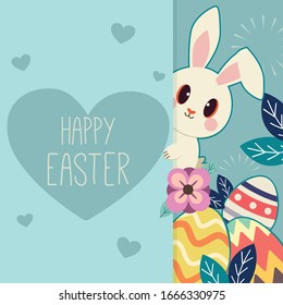 The character of cute rabbit with a easter egg in the flower garden and heart in flat vector. illustation about easter day.