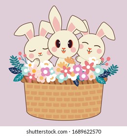 The character of cute rabbit and friends in the big basket and flower on the purple background in flat vector style. illustation for graphic, greeting crd, banner,etc.