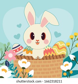 The character of cute rabbit sitting in the basket with a easter egg in the flower garden and heart in flat vector.