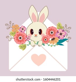The character of cute rabbit sitting in the letter with heart sticker and flower in flat vector. Illustration about love and valentin's day.