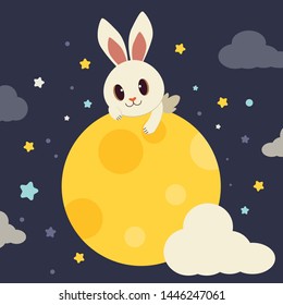 The character of cute rabbit sitting on the big fullmoon.The mid autumn festival in flat vector style