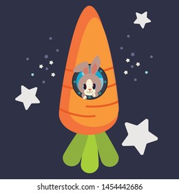 The character of cute rabbit sitting on the big corrot rocket launcher in flat vector style. Illustration about galaxy
for background, graphic,content , banner, sticker label and greeting card.