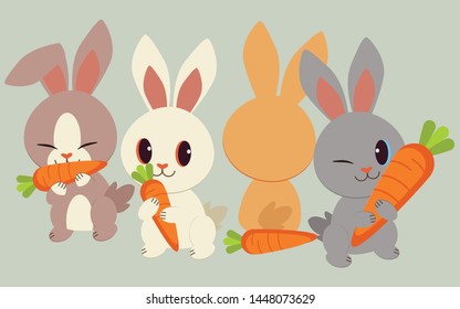 The character of cute rabbits with the carrot in flat vector. Graphic resource about rabbit for graphic,content , banner, sticker label and greeting card.