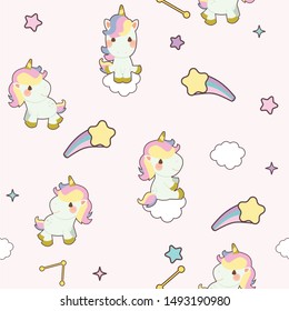 The character of cute rainbow unicorn in any action on the pink background with star in flat vector style. Illustration for background, graphic, banner, sticker and greeting card.
