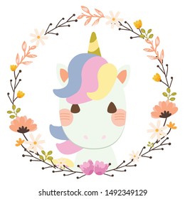 The character of cute rainbow unicorn in flower wreath in flat vector style. Illustration about unicorn 
for graphic,content , banner, sticker label and greeting card.