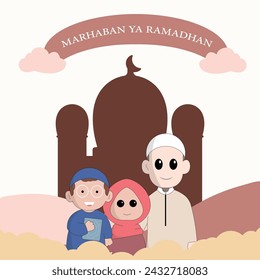 character cute ramadhan concept illustration happy muslim celebrate holy month ramadhan mosque sillhouette vector illustration 