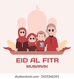 personaje lindo ramadán concepto ilustración feliz familia musulmana celebra mes sagrado mezquita ramadán silueta vector ilustración