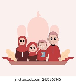 character cute ramadhan concept illustration happy muslim family celebrate holy month ramadhan mosque sillhouette vector illustration