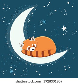 The character of cute red panda sleepping on the half moon with a star. Illustration for banner, sticker and poster for baby rooms. Childish background.